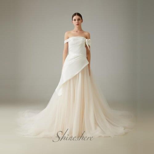 Jusere bridal dress elegant off shoulder wedding dress A-line floral simple pleating bridal gown with long train