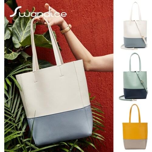 2020 High Quality Microfiber Leather Macaron Contrast Colour Blocking Simple Shoulder Tote Handbags Crossbody Bags Big Women