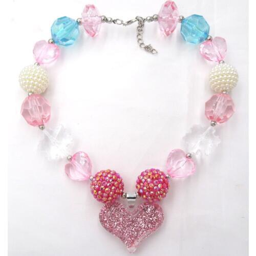 Valentine Presents To Baby Gril Cute Glitter Heart Necklace Child Chunky Clear Beads Bubble Gum Strand Necklace Outfits Jewelry