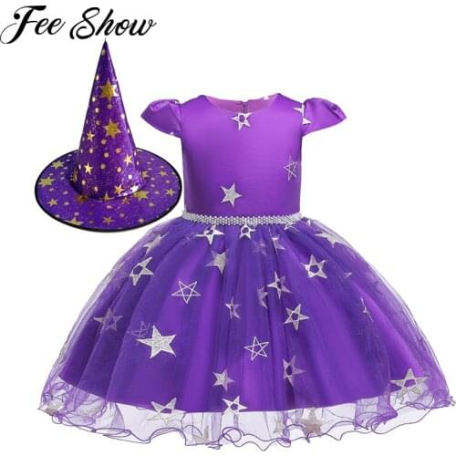 Baby Girls Halloween Costumes Tutu Dress Kids Cosplay Witch Hat Holiday Party Tulle Dresses Performance Wear Pageant Dress