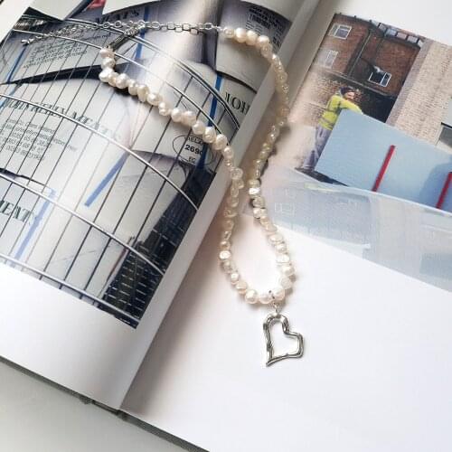 SHANICE 100% 925 Sterling Silver INS Personalized Natural Freshwater Pearl Hollow Love Necklace Fine Jewelry Chain Punk