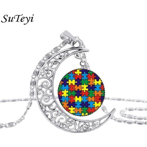 Suteyi Autism Colorful Puzzle Tree Symbol Sliver Moon Necklace Take Care Of Autism Spread Love Necklace Kids Jewelry Accessories