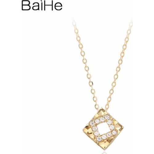 BAIHE Solid 18K Yellow Gold 0.06CT Round Natural Diamond Wedding Trendy Fine Jewelry Beautiful diamond square Necklace For Women