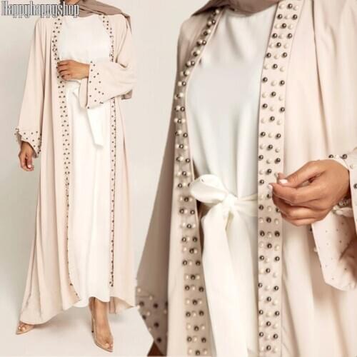 Dubai Fashion Islamic Women Handmade Beaded Kimono Robe Modesty Dress Muslim Cardigan Gown Open Abaya Turkish Caftan Clothes