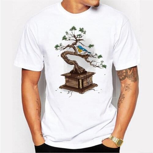 Mens casual simple white T-shirt Blue bird bonsai tree print cool summer tops