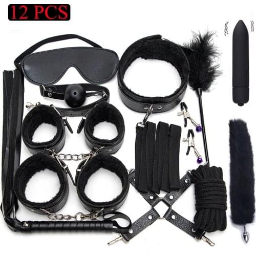 Sexy Leather BDSM Kits Plush Sex Bondage Set Handcuffs Sex Games Whip Gag Nipple Clamps Sex Toys For Couples Exotic Accessories