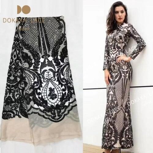 New Fashion !! Black Sequined Embroidered Mesh Tulle African Laces High-end Design For Noble Lady Dress Sewing Sequins Material