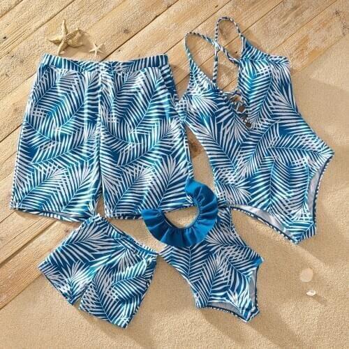 PatPat 2021 New Summer White Palm Leaves Print Blue Matching Swimsuits