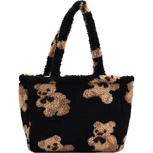 2021 Brand New Ladies Plush Shoulder Bag Girls Cute Cartoon Little Bear Printing Fluffy Handbag Casual Tote Bag Winter