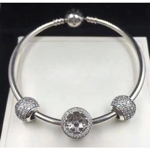 NEW 100% 925 Sterling Silver 791051CZ PAVE BALL CHARM 791725CZ RADIANT HEARTS CHARM Bracelet Set Original Boutique Jewelry