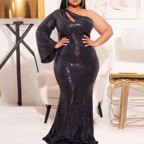 2021 Autumn Winter One-shoulder Solid Color Slim Temperament Evening Dress Fishtail Dress Sexy Sequined High Waist Design