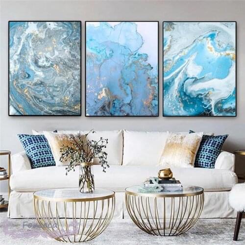 Gold Foil Blue Quicksand Posters and Prints Modern Abstract Watercolor Canvas Painting Wall Art Picture for Living Room Decor