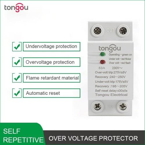 230V 63A Din rail Automatic Reconnect Over Voltage and Under Voltage Protective Device Protector Protection Relay