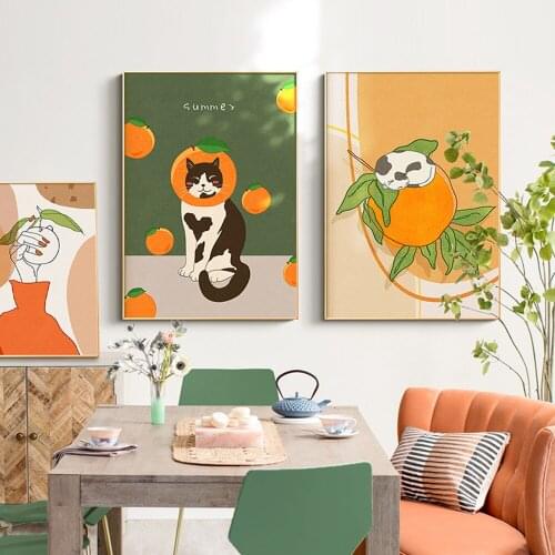Modern Fruit Poster Wall Painting Cat Orange Canvas Print Poster Nordic Wall Art Pictures For Living Room Kitchen Decoration