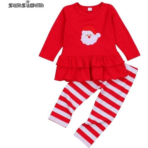 SUNSIOM Christmas Sets Toddler Kids Girls Clothes Santa Print Ruffles Long Sleeve Dress Tops Striped Pants 2pcs 1-6Years