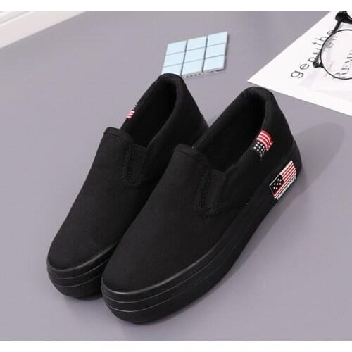 Women Black Sneakers Thick Black Canvas Shoes Low For Lazy People A Pedal Students Shallow Mouth Ms Loafers Casual Shoes