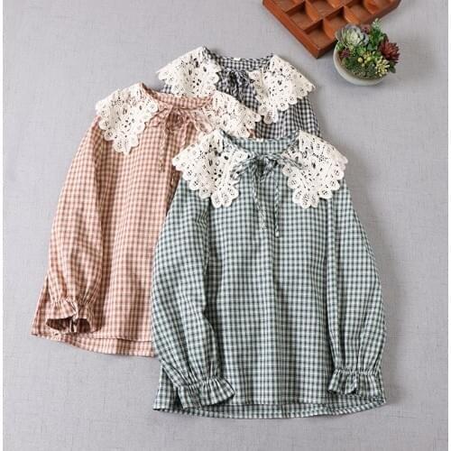 Japan Style Mori Girl Cotton linen Plaid Shirt Loose Embroidered Hollow out Peter Pan Collar Pullover Tops