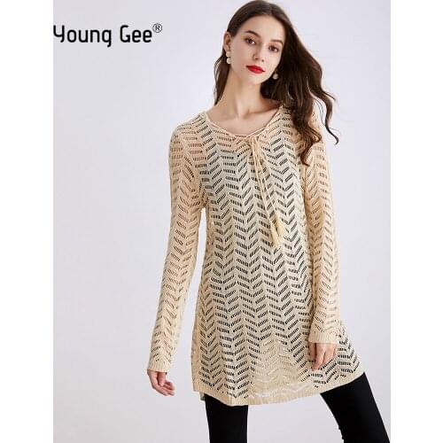 Young Gee Women Hoodies Knitted Sweater Hollow Out Long Sleeve Loose Jumper Female Pullover Knitwear Fashion Tops pull femme