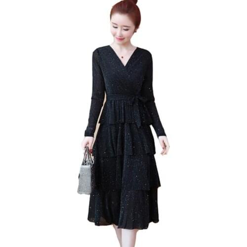 Large Size 5XL 2019 Spring New Cake Dress Long-Sleeve Long Dress Elegant Ruffled V-neck Slim Casual Party Dress Vestidos Female