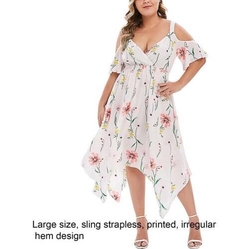 2021 Summer Female Graceful Midi Dress Floral Print Irregular Large Hem Women V Neck Spaghetti Strap Off Shoulder Beach Dress