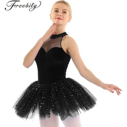 Women Adult Ballet tutu Dress Shiny Sequins Sleeveless Keyhole Back Velvet Bodice Ballet Dance Leotard Ballerina Dance Costumes