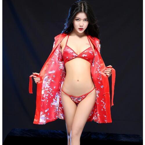 Women Ladies Sexy Lingerie Sexy Floral Bathrobe Flirting Pajamas Bathrobes Satin Robe Nightgown Sleepwear Pajamas Lingerie