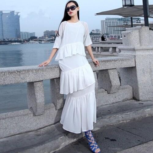 Summer elegant Ladies O-neck half-seleeve cake dress maxi Long loose chiffon dresses with strokes Customize plus size