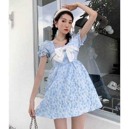 Blue Jacquard Puff Sleeve Princess Dress Women Summer 2021 Short Sleeve Korean Fashion Bow Kawaii Mini Dress Clothing