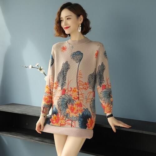Winter Thermal Sweater Women Floral Sweaer Dress Elegant Printing Thicken Warm Knit Dress Pullover Plus Size