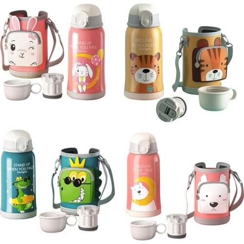 550ml Cartoon Thermos Cups With Straw Travel Stainless Steel Children Water Bottle Outdoor Water Kettle Thermos Coffee Milk Mug