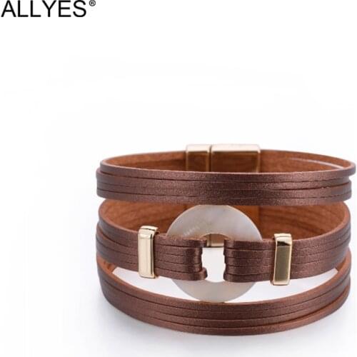ALLYES Shell Round Charm Leather Bracelets for Women Bohemian Multilayer Wide Wrap Bracelet Bangle Female Jewelry Gifts