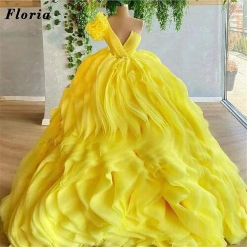 Ruffles Ball Gown Prom Dresses Yellow One Shoulder Evening Gowns Dubai Celebrity Pageant Gowns 2021 Vestido De Festa Party Dress