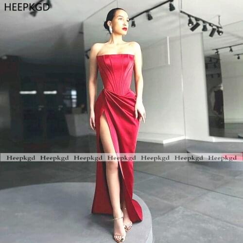Long Red Sexy Evening Dress Strapless High Slit Pleats Satin Backless 2021 Maxi Women Formal Gowns Evening Vestido De Festa