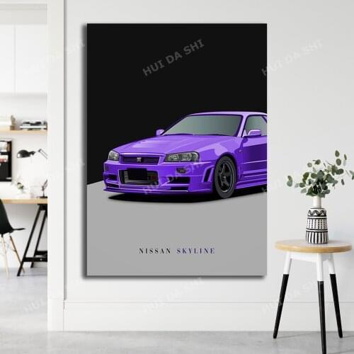 Purple R34 Nissan Skyline GTR Nismo Half Illustration Canvas Print - A4 / A3 Portrait Limited Print