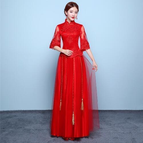 Shanghai Story Chinese wedding Dress Red Qipao Half Sleeve Lace Cheongsam Traditional Clothing Top + Skirt Suit Set