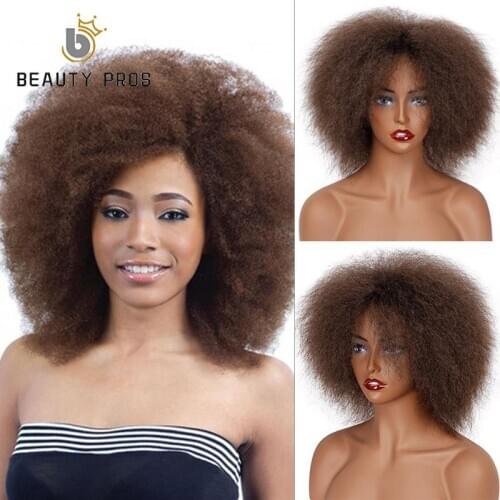 BEAUTY PROS Short Yaki Straight Fluffy Hair Afro Kinky Curly Heat Resistant Synthetic Wigs for Black Women Natural Brown