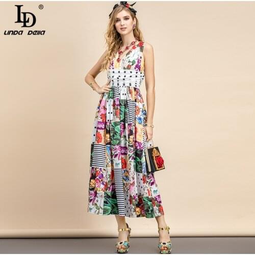 LD LINDA DELLA 2021 Summer Fashion Designer Vacation Midi Dress Women V-neck Multicolor Floral print Peplum Party Elegant Dress