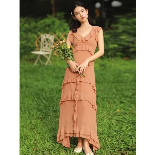Summer New Womens Clothing Ins Bohemia Travel Holiday Seaside Chiffon Dress Retro Art Pastoral Girl Style Cake Long Dress