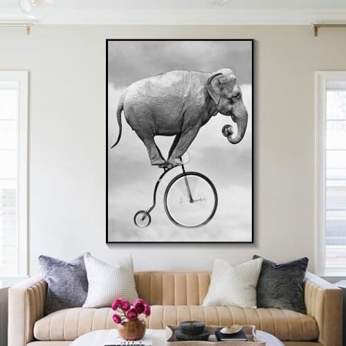 Wall Art Fabric Poster Custom Print Elephant riding bicycle animal Poster Wall Art For Kids Living Room Home Decor Unstretched