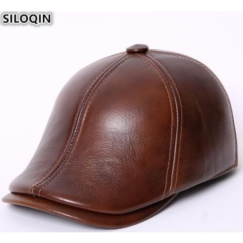 SILOQIN New Winter Mens Genuine Leather Berets Hat Cowhide Warm Velvet Earmuffs Hats For Middle-aged Men Sombrero De Cuero