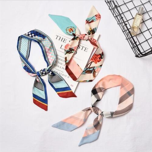 2019 New Design Plaid Geometric Dot Print Silk Scarf Women Skinny Scarves Women Handle Bag Ribbons Head band Small Long Scarves