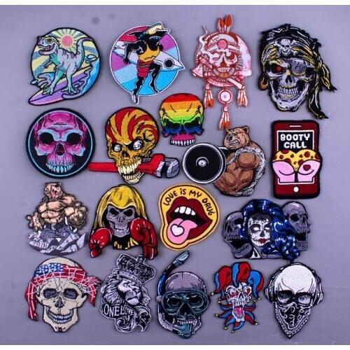 Embroidery Patch Hippie Skull Iron On Patches For Clothes Lips Pirate Joker Bear Embroidered Patches For Clothing Custom Patch