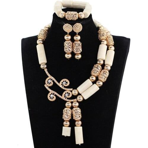 Superior Quality White Coral Bead Statement Necklace Set Dubai Gold Real Coral African Jewelry Sets Birthday Party Gift CNR137
