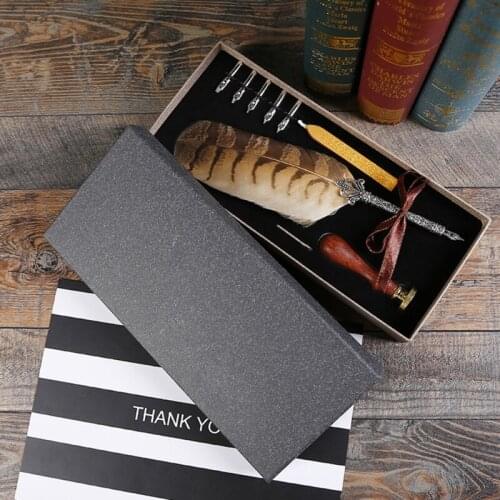 Luxury Vintage Feather Quill Dip Calligraphy Fountain Pen Writing Ink 5 Nibs Set M2EC