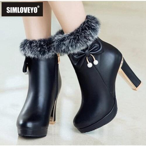 SIMLOVEYO Women New 2021 Ankle Boots Round Toe 8.5cm Block Heels Zip Bowtie Fur Bling Sweet Big Size 31-45 Casual Spring A3704