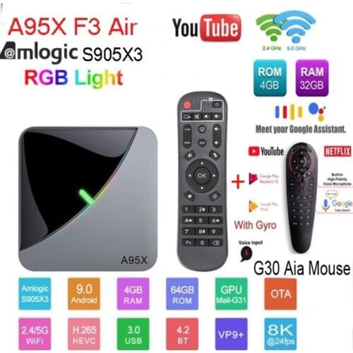A95X F3 AIR 8k Amlogic S905X3 Android 9.0 RGB Light Smart TV Box USB3.0 1080P H.265 Wifi Google Play Y0utube optional g30