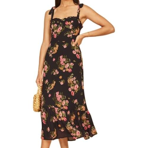 XNWMNZ 2021 Elegant Spaghetti straps Ruffles women midi dresses France Chiffon Floral Print womens dress Vintage party vestidos