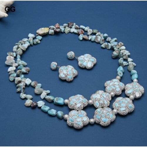 GuaiGuai Jewelry Natural Blue Larimars Flower Silver Color Rhinestone Pave Green Larimar Chips Necklace Earrings Sets For Women