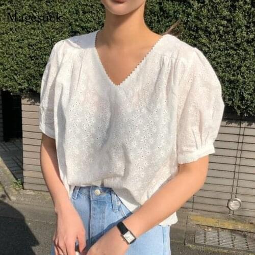 Summer V-Neck Hollow Out Blouse Women New Office Lady Floral Women Shirt Clothing Short Sleeve Pullover White Ladies Tops 14291