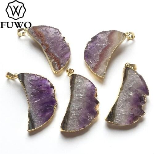 FUWO Trendy Women Natural slice Purple Crystal Quartz Pendant Genuine Gold Electroplated Amethysts Stone Jewelry Wholesele PD292
